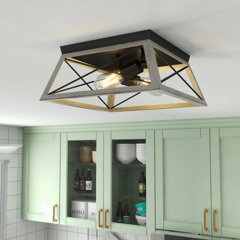 2-Light Black Metal and Wood Flush Mount