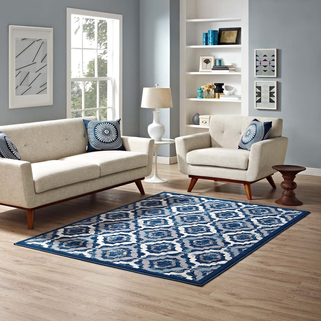 Modway Kalinda Rustic Vintage Moroccan Trellis 5x8 Area Rug in Beige, Moroccan Blue and Ivory