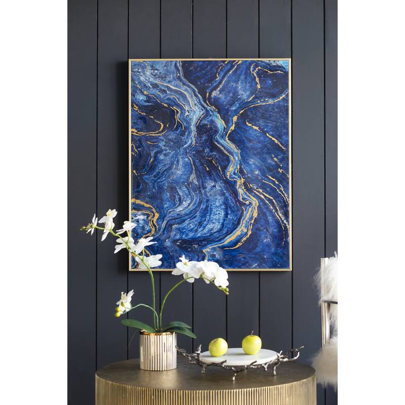 Set of 2, Modern Wall Decor Blue and Gold Framed Art Panels with Unique Marbled Design, for Home and office