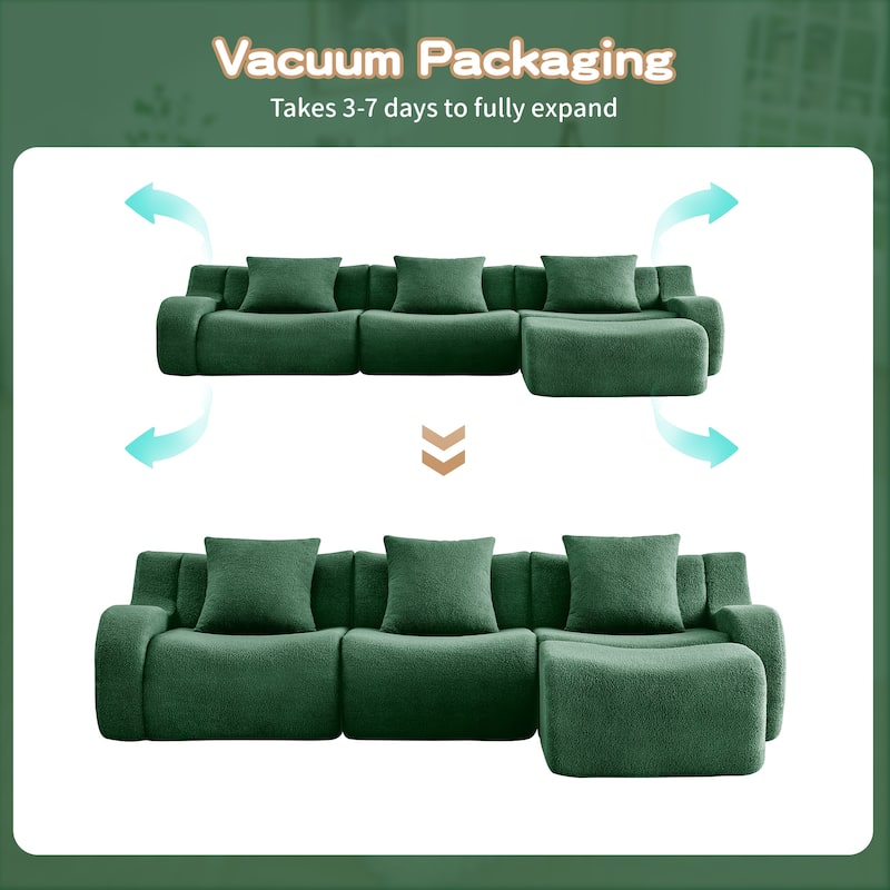 115.3" L-Shaped Boneless Sectional Sofa with Ottoman, Curved Armrests, Teddy Fabric Floor Upholstered Sofa for Living Room