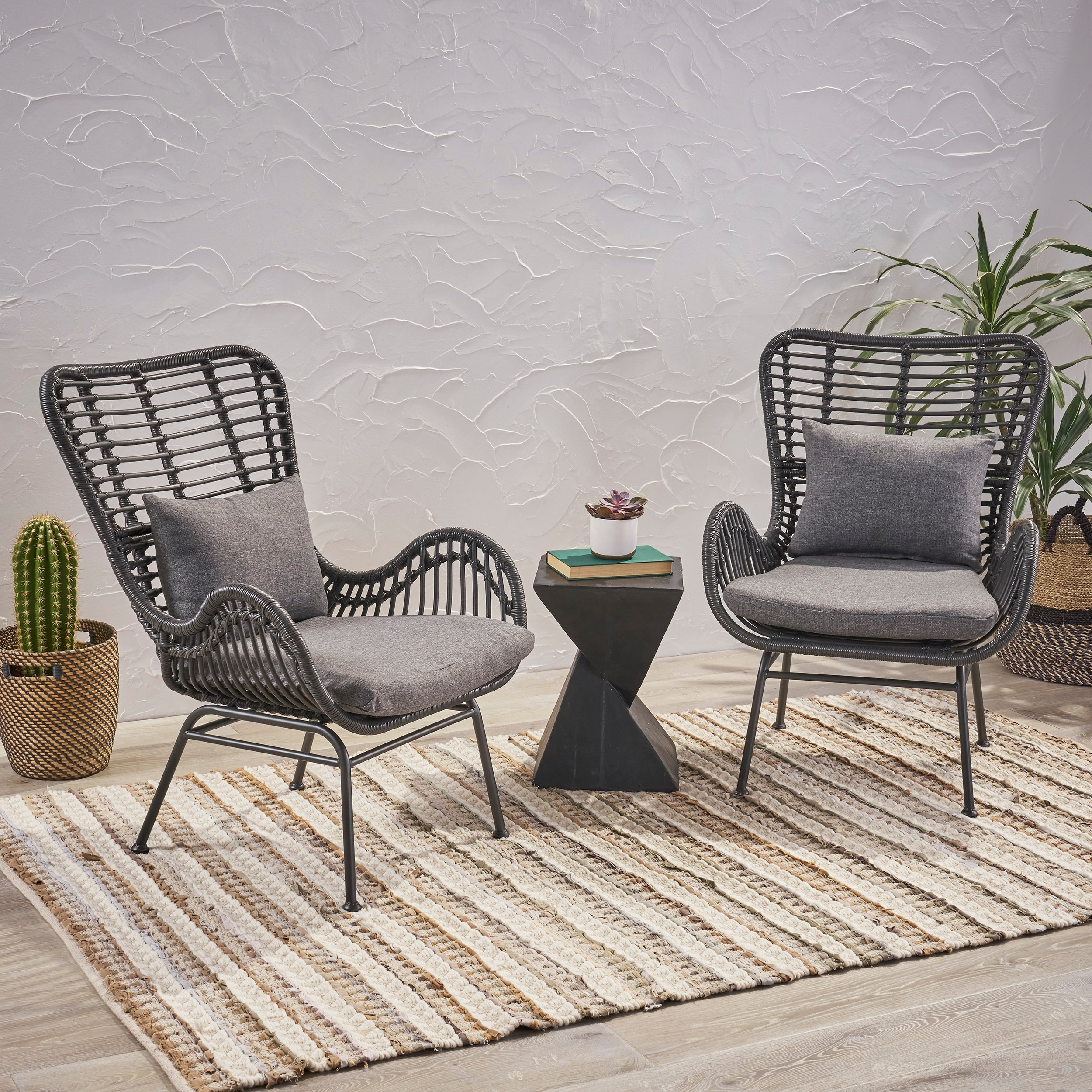 Roomfitters Tall Back Rattan Lounge Chairs with Cushions and Flared Arm Design, Set of 2 for Patio or Balcony