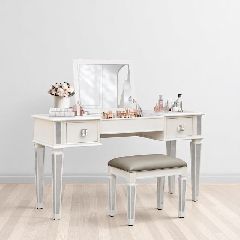 Makeup Vanity Desk with LED Mirror, Flip Storage, 2 Drawers, Silver Finish & Upholstered Chair