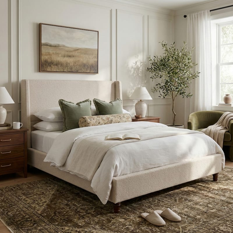 Christopher Knight Home - Modern 52.7" Tall Wingback Boucle Upholstered Platform Bed Frame with Solid Wood Legs & Slat Support