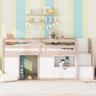 Cream,White Twin Size Solid Wood Low Loft Bed with Stairs