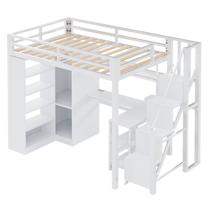 Full-Size Metal Loft Bed with Built-in Wardrobe, L-Shaped Desk, Charging Ports, and Multi-Layer Storage Shelves