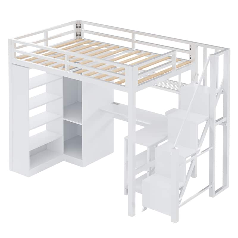 Loft Bed with Desk, USB Ports, 5-Layer Shelf, Space-Saving Metal Loft Bed Frame with Wardrobe and Stairs, Easy Assembly