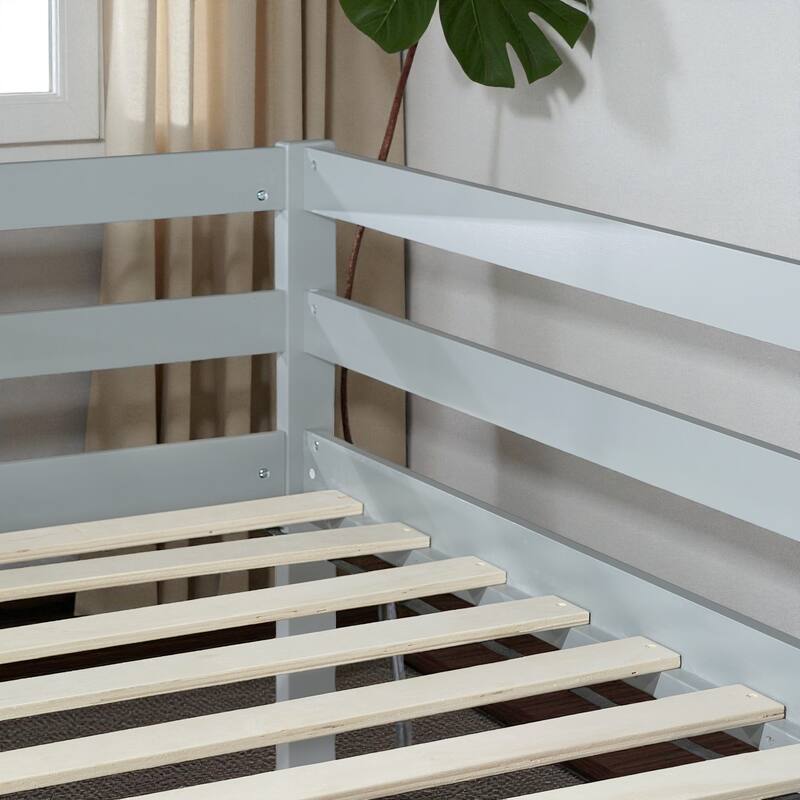 Solid Wood Twin Loft Bed with Ladder, Rubber Wood Frame Low Height Design with Guard Rails and Storage Space