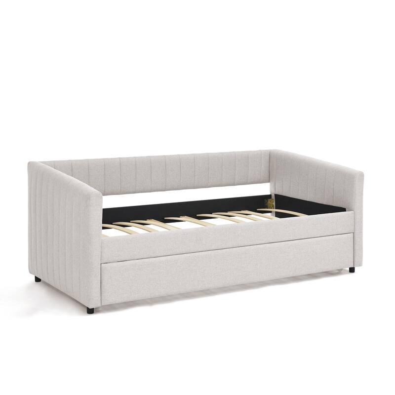 Roomfitters Twin/Full Daybed with Trundle Upholstered Sofa Bed Frame with Vertical Stripes Linen Design, Grey