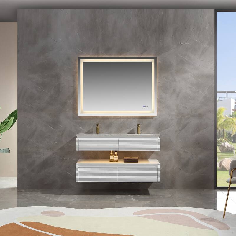 Modland 36''/48'' Floating Bathroom Vanity with ETL-Certified LED Lighting, Soft-Close Drawers & Waterproof, White - 48'' Double sink