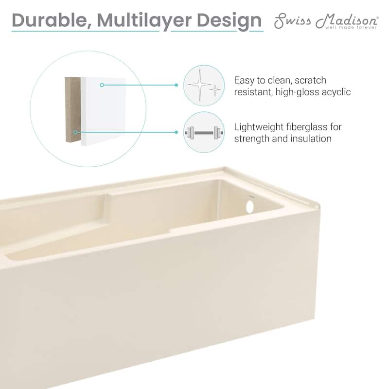 Swiss Madison Voltaire, Acrylic White, Alcove, Integral Armrest, Bathtub with Apron