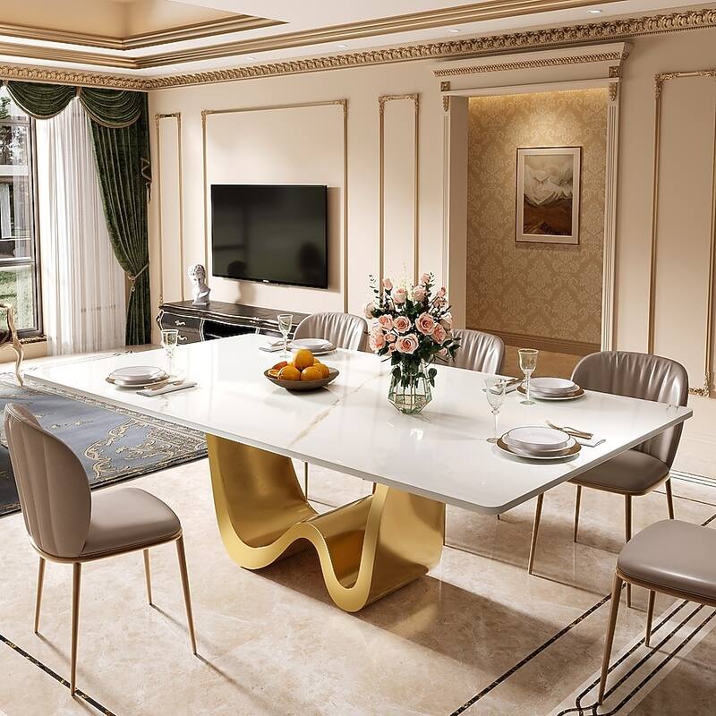 78.74-Inch Modern Rectangle Sintered Stone Dining Table, Luxury Kitchen Table for Dining Room - White+Gold