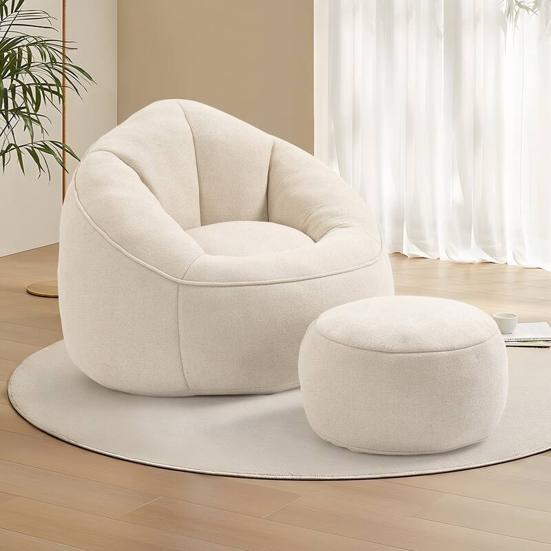 Bean Bag Chairs for Adults & Kids, Velvet Lazy Sofa Chair with Ottoman, Modern Accent Chair - Beige
