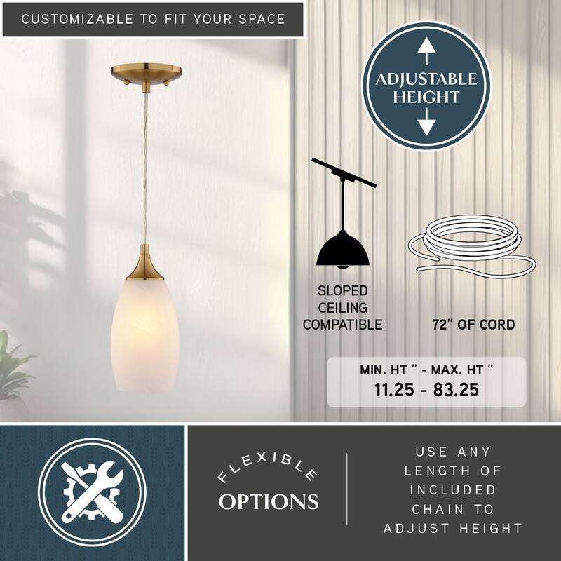 VAXCEL Milano 1-Light 4.75 in. Wide Bell Mini Pendant, White Alabaster Glass Shade, Adj Height Hanging Ceiling Fixture