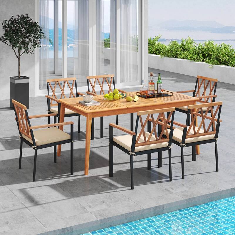 Costway 7 PCS Patio Acacia Wood Dining Set with Soft Seat Cushions