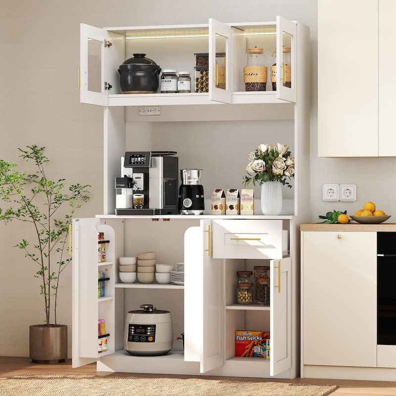 71'' Kitchen Pantry Cabinet with Hutch, Drawer & LED Light, Microwave Stand with Power Outlet for Dining Room or Kitchen