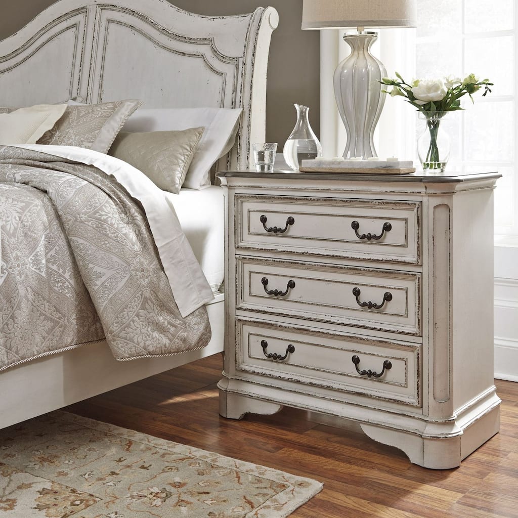 Magnolia Manor Antique White Weathered Bark 3 Drawer Bedside Chest Charging Station