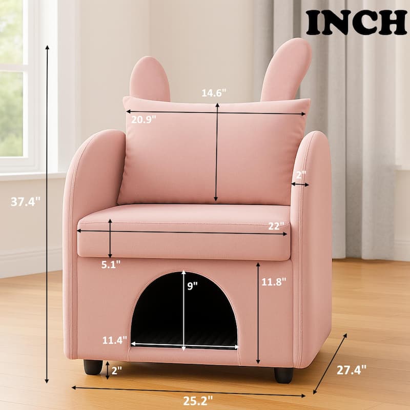 Velvet Bunny-Ear Pet-Friendly Armchair with Built-in Cat & Dog Hideaway, Plush Dual-Use Sofa Chair