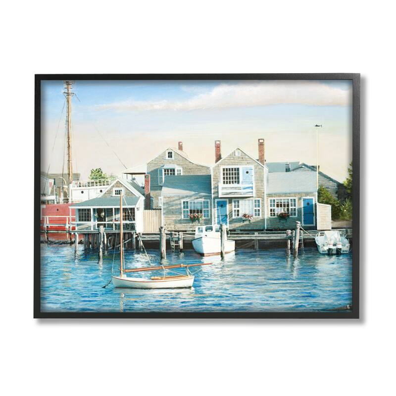 Stupell Relaxing Boats Floating Harbor Marina Ocean Town Framed Wall Art, Design by Tom Mielko - Multi - 14 x 11 - Black