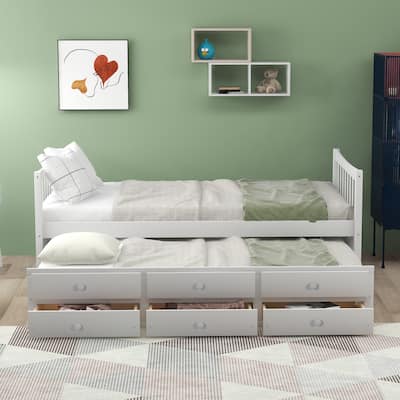 Twin Size Daybed with Pull-Out Trundle & 3 Storage Drawers, Solid Wood Captains Bed Frame for Kids Guests, No Box Spring Needed