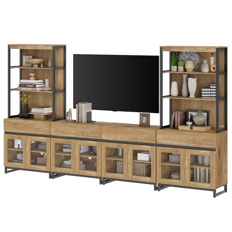 Modern TV Stand with 3 Tiers Bookshelf,Wooden Media TV Console with Glass Doors for Living Room