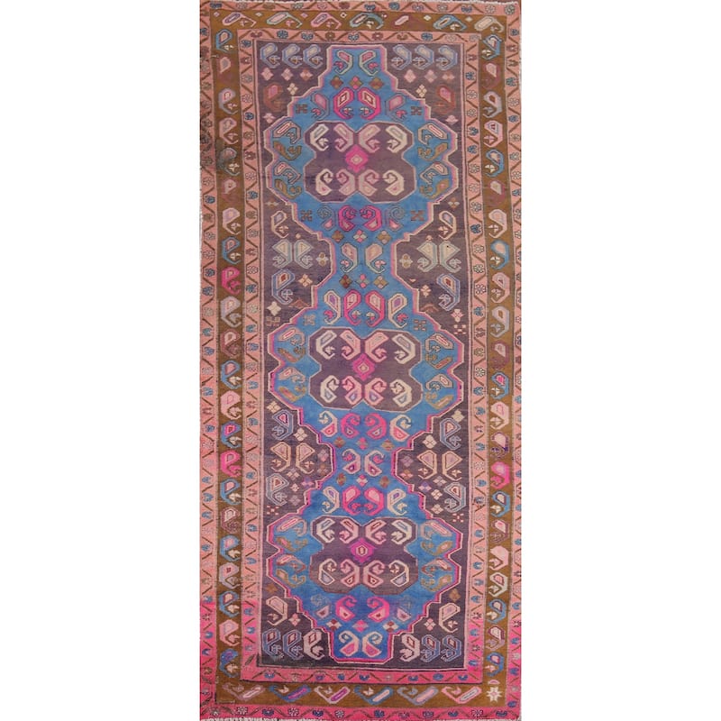 Geometric Meshkin Persian Vintage Runner Rug Hand-Knotted Wool Carpet - 3'9" x 10'6"