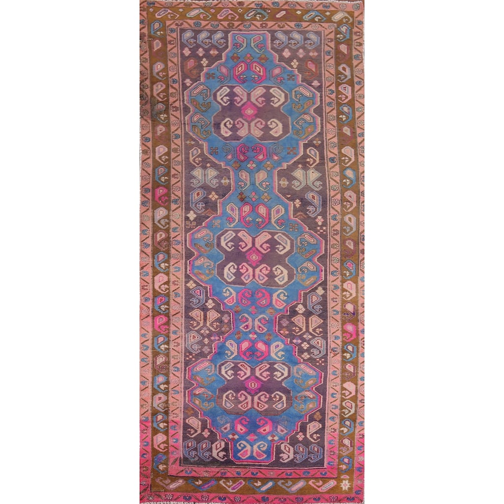 Geometric Meshkin Persian Vintage Runner Rug Hand-Knotted Wool Carpet - 3'9" x 10'6"