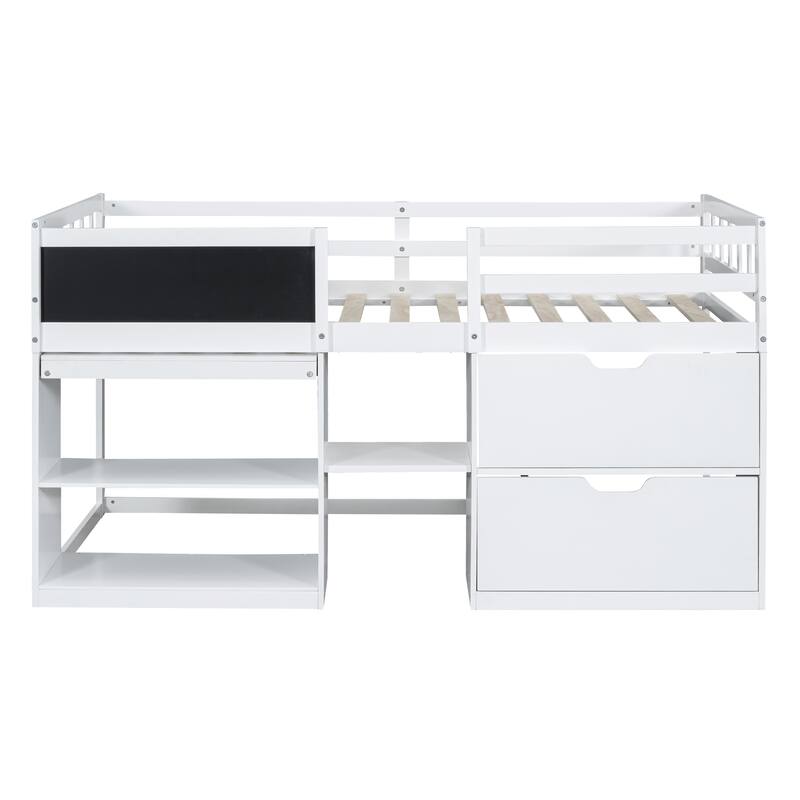 Twin Size Low Loft Bed, Multi-Functional Loft Bed w/Rolling Desk, Blackboard & Drawers, Solid Wood Loftbed Bedframe w/Guardrail