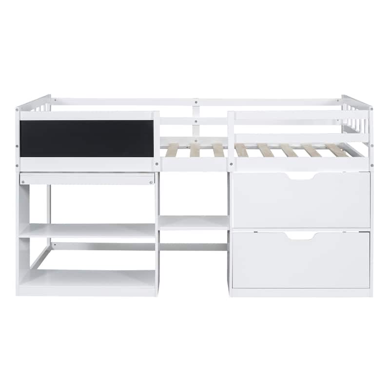 Twin Size Low Loft Bed with Rolling Desk, Shelf and Drawers - Espresso
