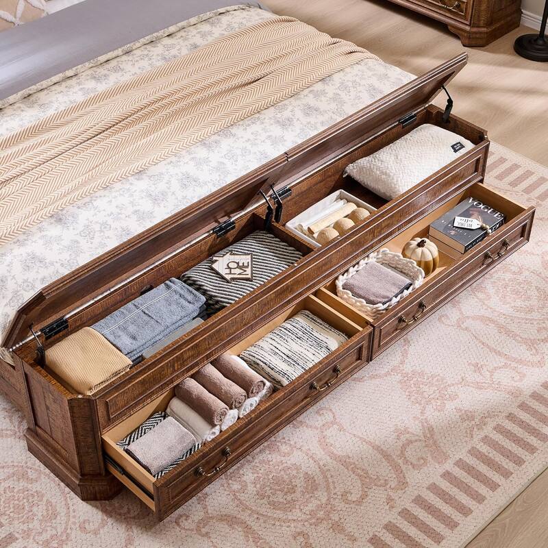 Farmhouse Bed Frame w/ Headboard & Storage Bench, Wood Platform Bed