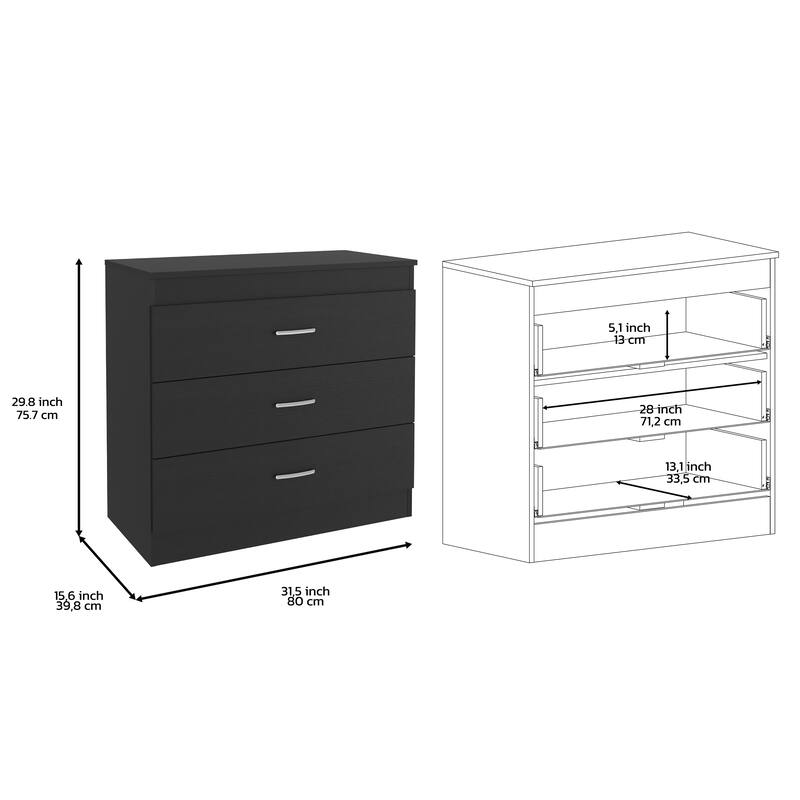 3 Drawer Dresser, Superior Top, Metal Hardware