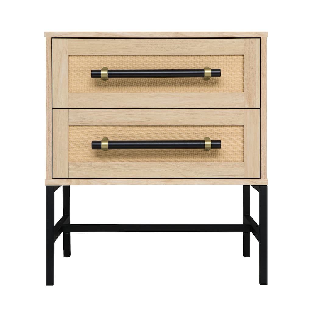 Hopper Studio Sophia 2-Drawer Nightstand in Natural Oak Look with Patterned Panels, Matte Hardware, and Minimalist Black Frame