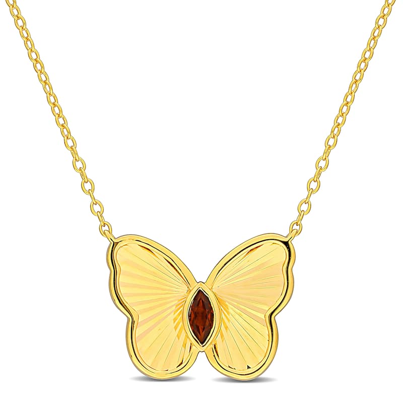 Miadora 1/5ct TGW Marquise-Cut Garnet Butterfly Necklace with Chain in Yellow Silver-17 in