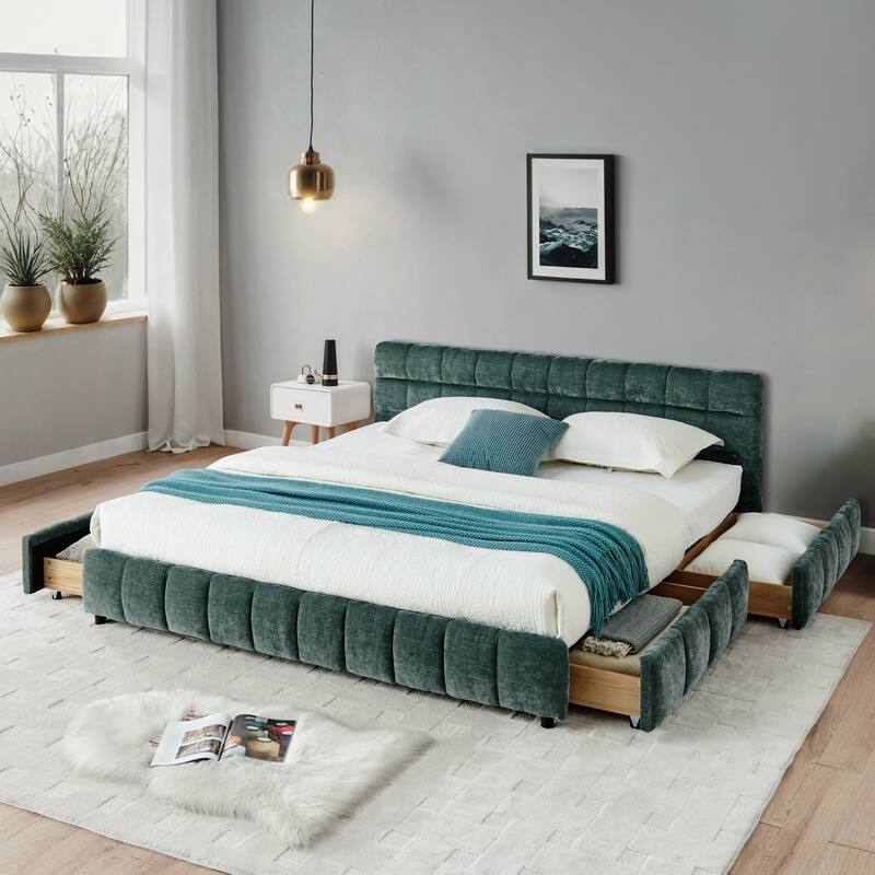 Block Thick Chenille Low Profile Platform Bed Fabric Upholstered Bedframe with Headboard Solid Wood Frame - Optional Storage Bed - Blue Green with Drawers - California King