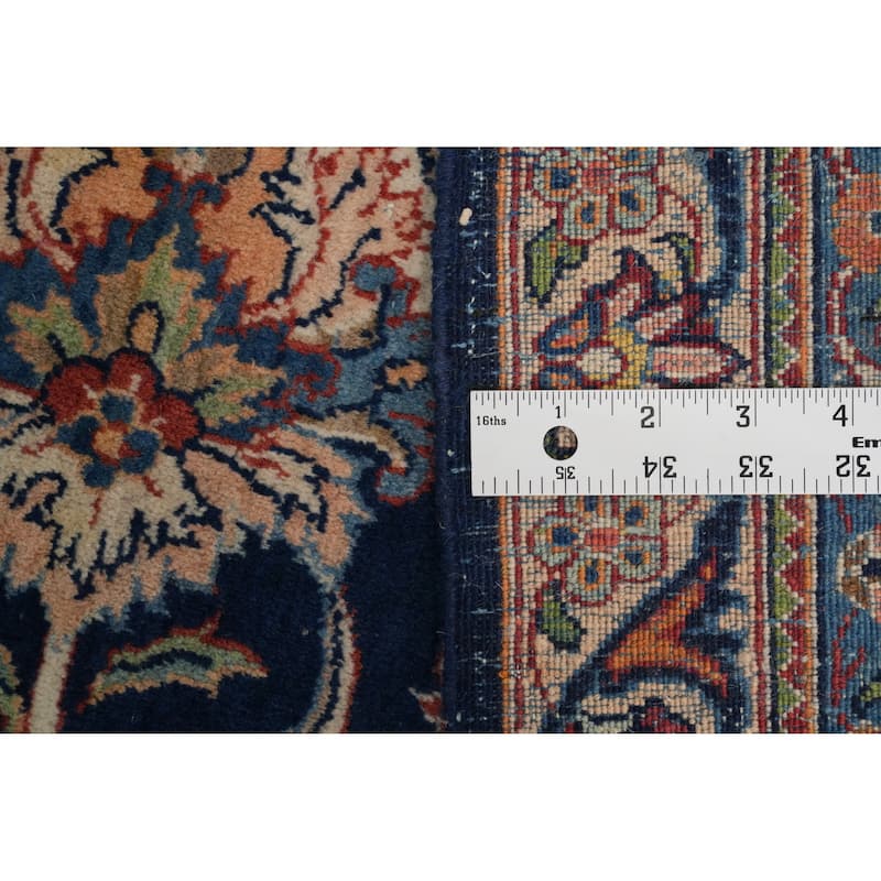Hand Knotted Oriental 100% Wool Carpet Traditional Floral Navy Blue & Blues Kashan Area Rug - 14' 0'' X 10' 4''