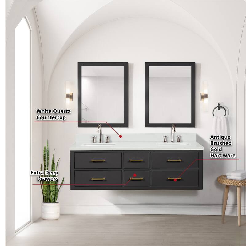 Castor 60 in W x 22 in D Black Double Bath Vanity, White Quartz Top, Faucet Set, and 28 in Mirrors