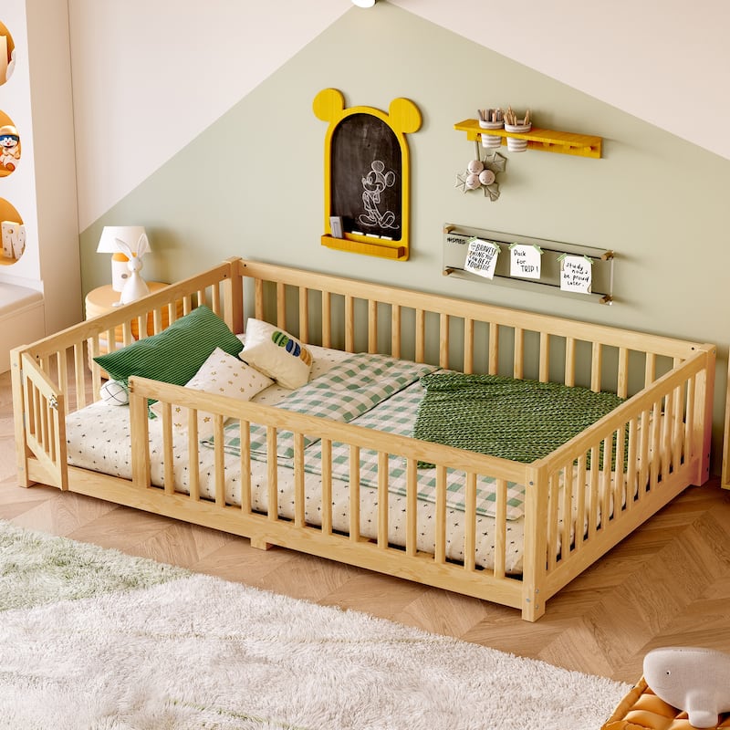 Full Size Natural Floor Bed w/ Safety Guardrails for Kids - Natural