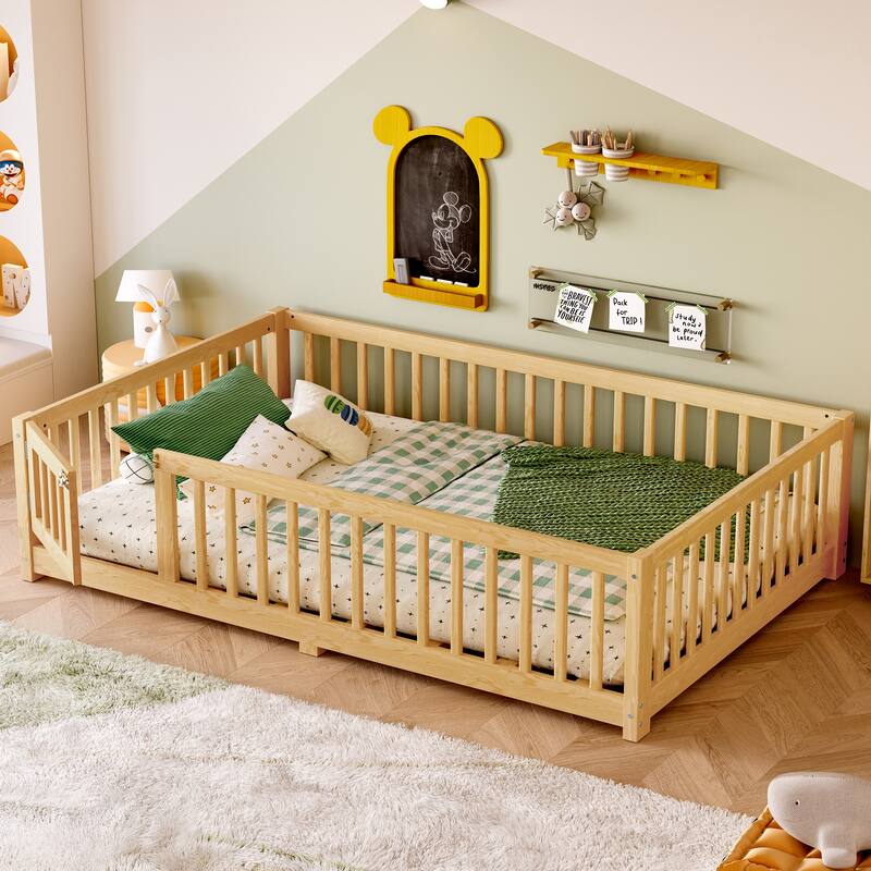 Roomfitters Wooden Twin/Full/Queen Floor Bed Frame with Door & Safety Guardrails, Low Platform Design for Bedroom or Playroom - Natural - Full