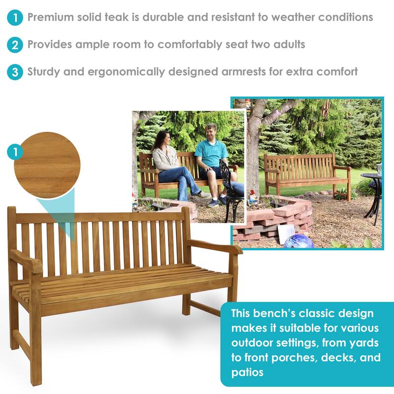 Teak Outdoor Patio Garden Bench - Mission Style - 2-Person - 59-Inch