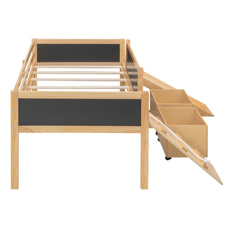 Twin Size Loft Bed with Two Storage Boxes, Climbing Frame, and Chalkboard