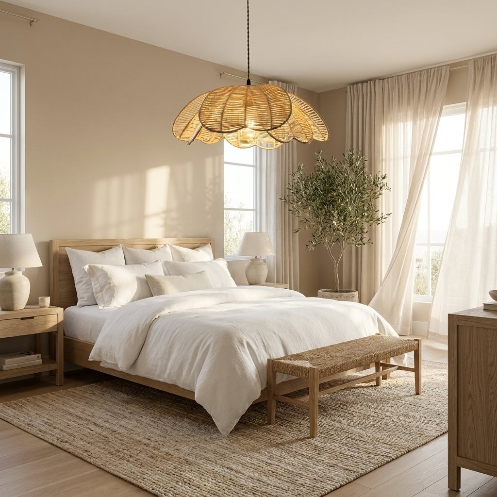 Boho Rattan Flower Pendant Light Coastal Hanging Fixture Light