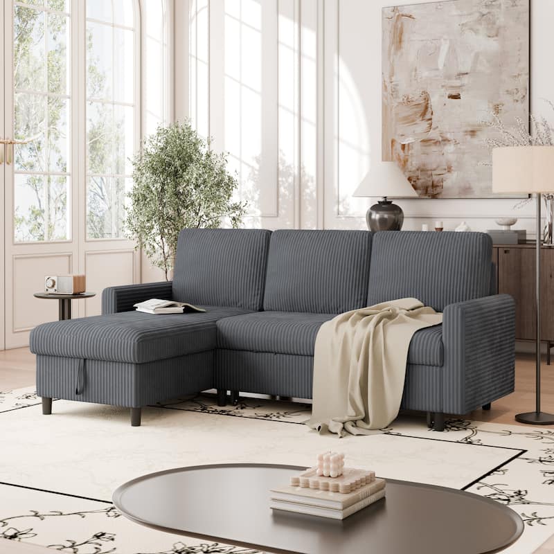 Futzca 3-in-1 Convertible Corduroy Sofa Bed with Storage, L-Shaped Sectional Couch - DarkGrey