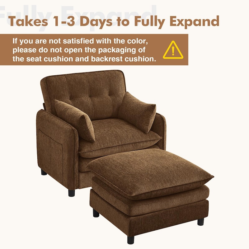 Upholstered Chenille Oversized Accent Armchairs with Ottoman and Side Pocket