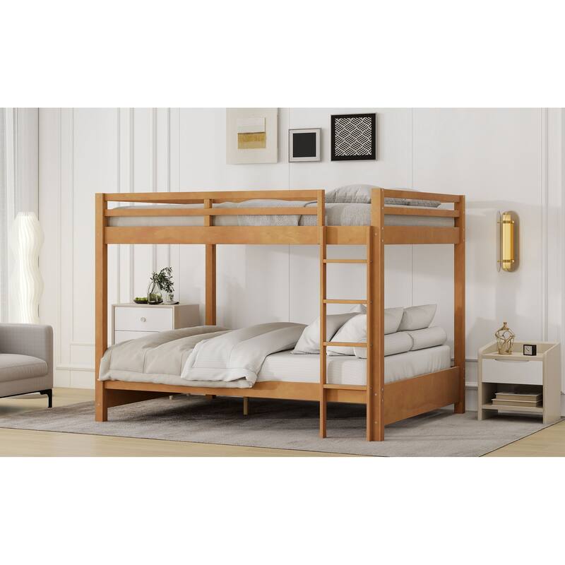 GDFStudio - Solid Wood Queen Bunk Bed with Ladder and Guardrails