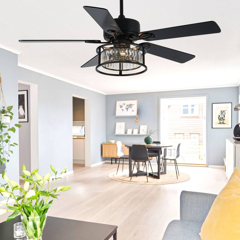 Chichoice 52" Modern Mute Black Crystal Ceiling Fan with Lights and Remote, 6 Speeds DC Motor Reversible Chandelier Ceiling Fan