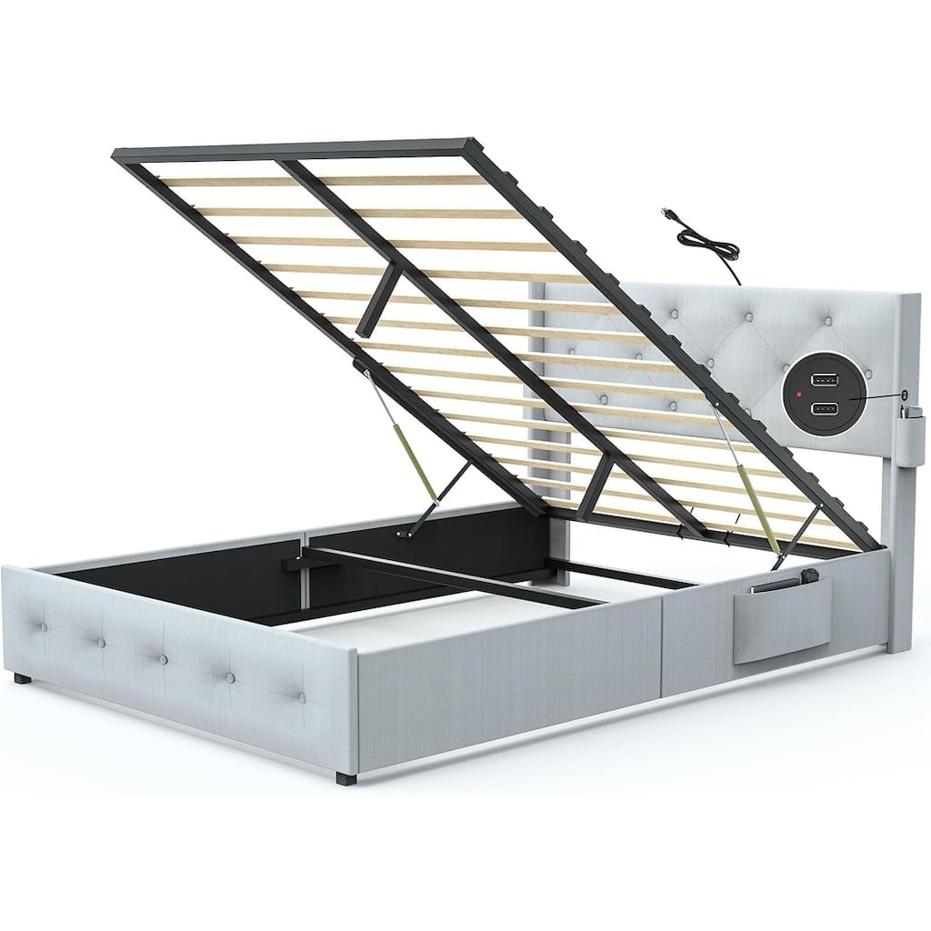 Full Size Bed Frame with Gas Lift Storage Bed with Modern Wingback Headboard, USB Ports