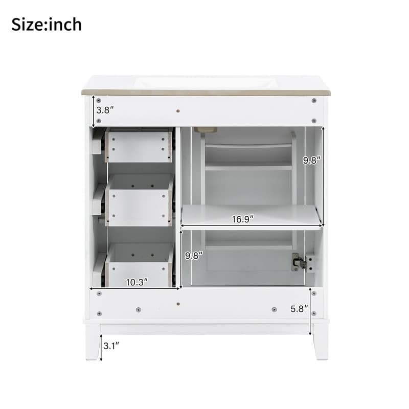 30" Bathroom Vanity with Ceramic Sink, Storage racks, 3 drawers, Soft-close hinges