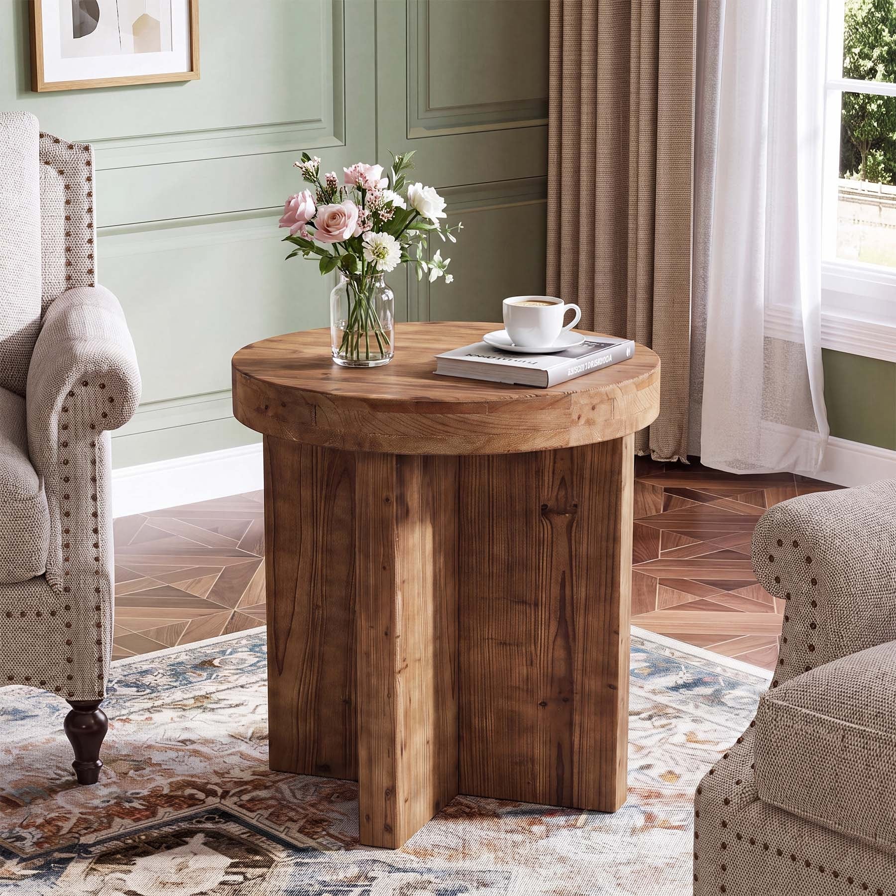 19.7" Round Solid Wood End Tables for Living Room, Small Farmhouse Rustic Sofa Side Table, 23.62" Tall