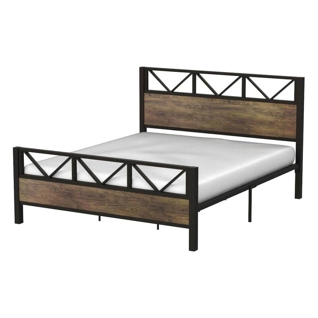 Queen Size Vintage Industrial Metal Platform Bed Frame with 52” Headboard Retro Brown Finish Snap-Fit Assembly