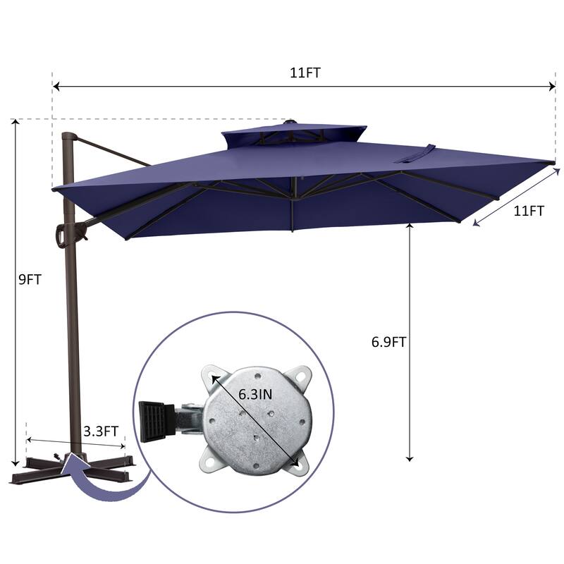 11 ft Square Patio Cantilever Offset Umbrella Double Top with Rod Base