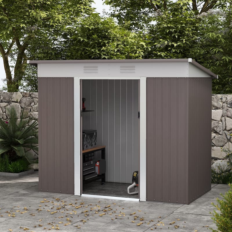 Outsunny 6' x 3.6' Steel Frame Backyard Garden Tool Storage Shed with 2 Air Vents and Dual Locking Doors - 8' x 4' - Light Gray